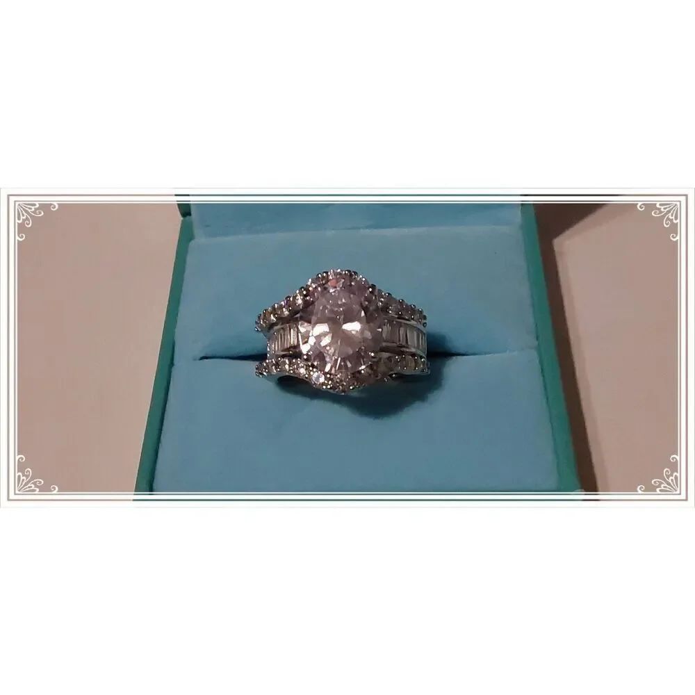 Stunning 7.5 Ct. Genuine Diamond Simulant Oval~Baguette~Round Bridal Ring Set #8